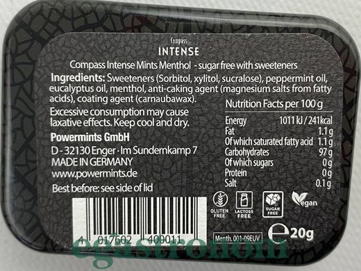 Льодяники чорний ментол Компас Compass black menthol mints 20g 12шт/уп 8уп/ящ