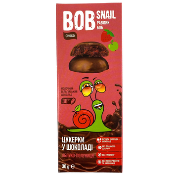 Цукерки натуральні шоколадні яблуко-полуниця Равлик Боб Bob snail 30g 24шт/ящ